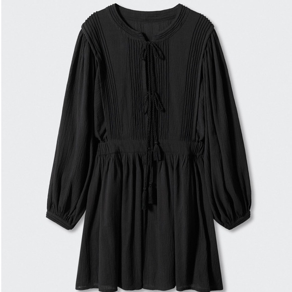 MNG black tie up front Roman dollman sleeves elastic waist Boho dress Sz L - Picture 3 of 15